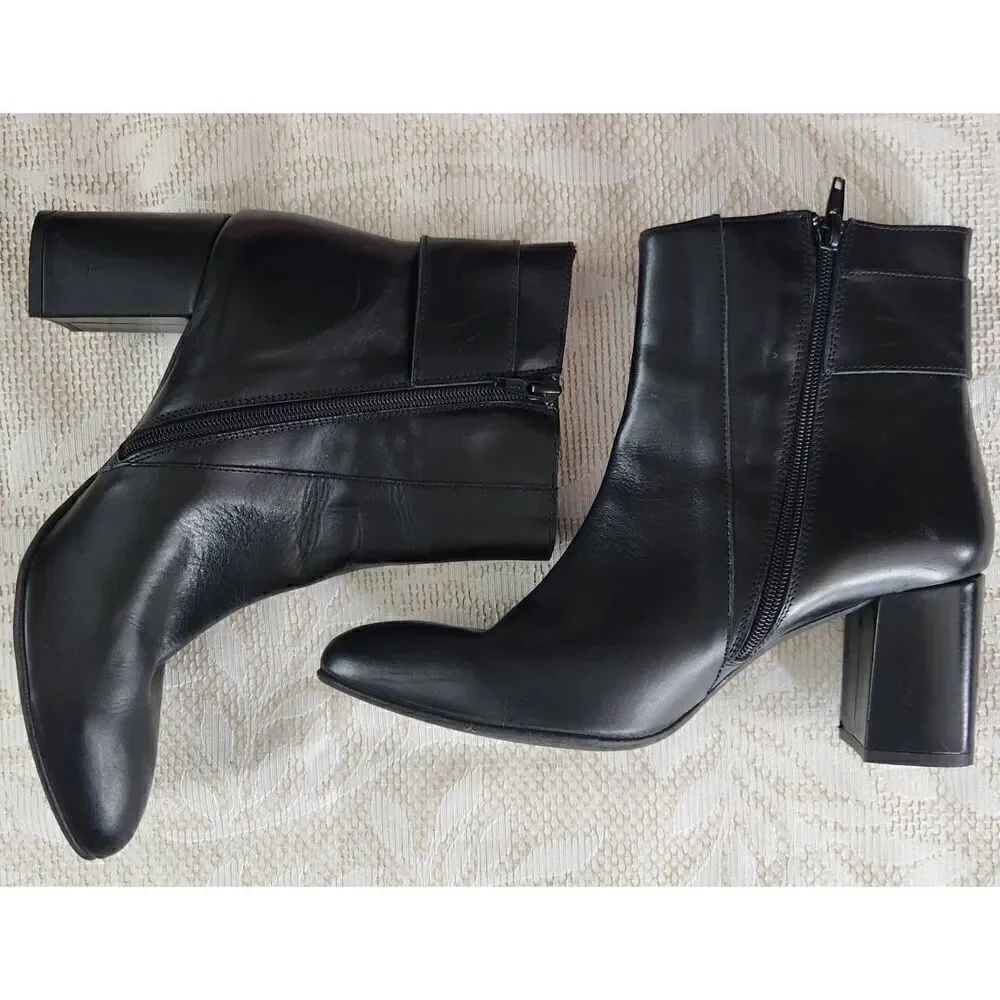 Marroqui Sanchez black leather ankle boots zip up deco silver buckle 31/2